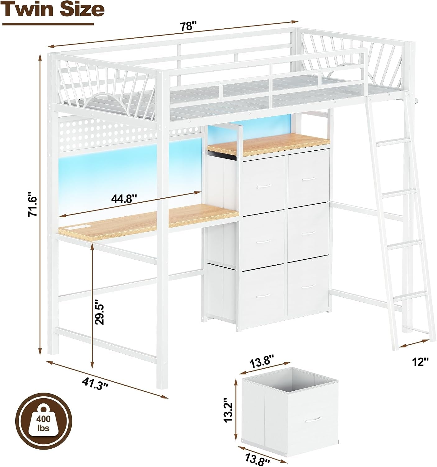 Illustration of the white loft bed showing desk, ladder and storage with measurement arrows