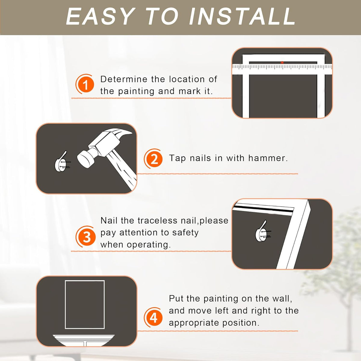 Instruction diagram showing four steps to hang the frame with icons for measuring, hammering a nail, using a traceless nail