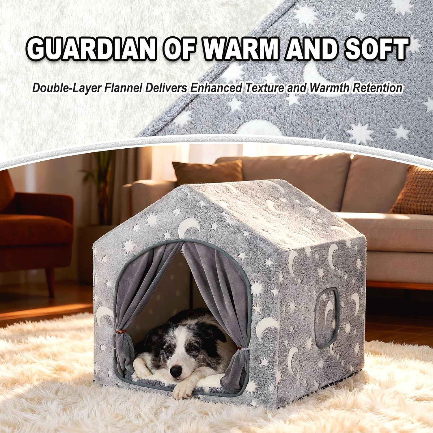 Grey plush dog cave on a living room rug with curtains tied and a dog resting inside