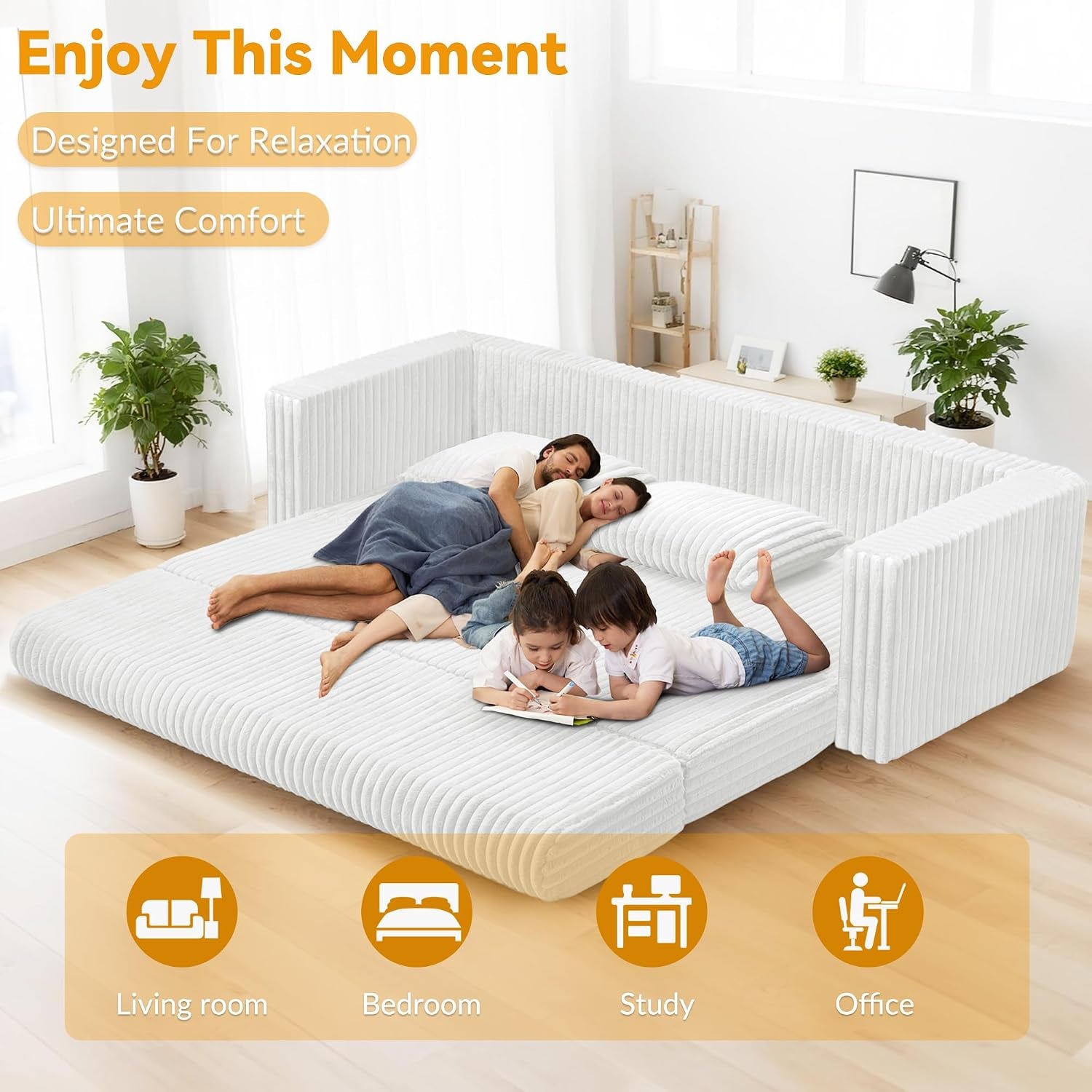 White ribbed sofa transformed into a low bed with family lying and children drawing on it in a bright room.