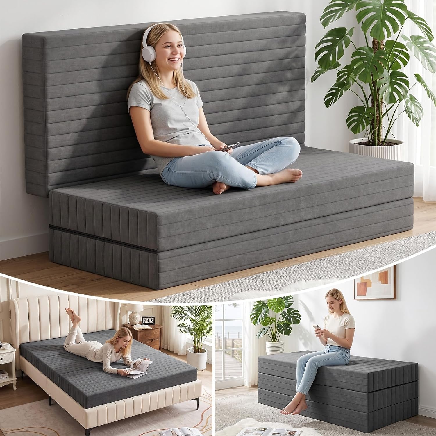 Dark grey tri-fold mattress used as a sofa with woman sitting cross-legged against folded backrest