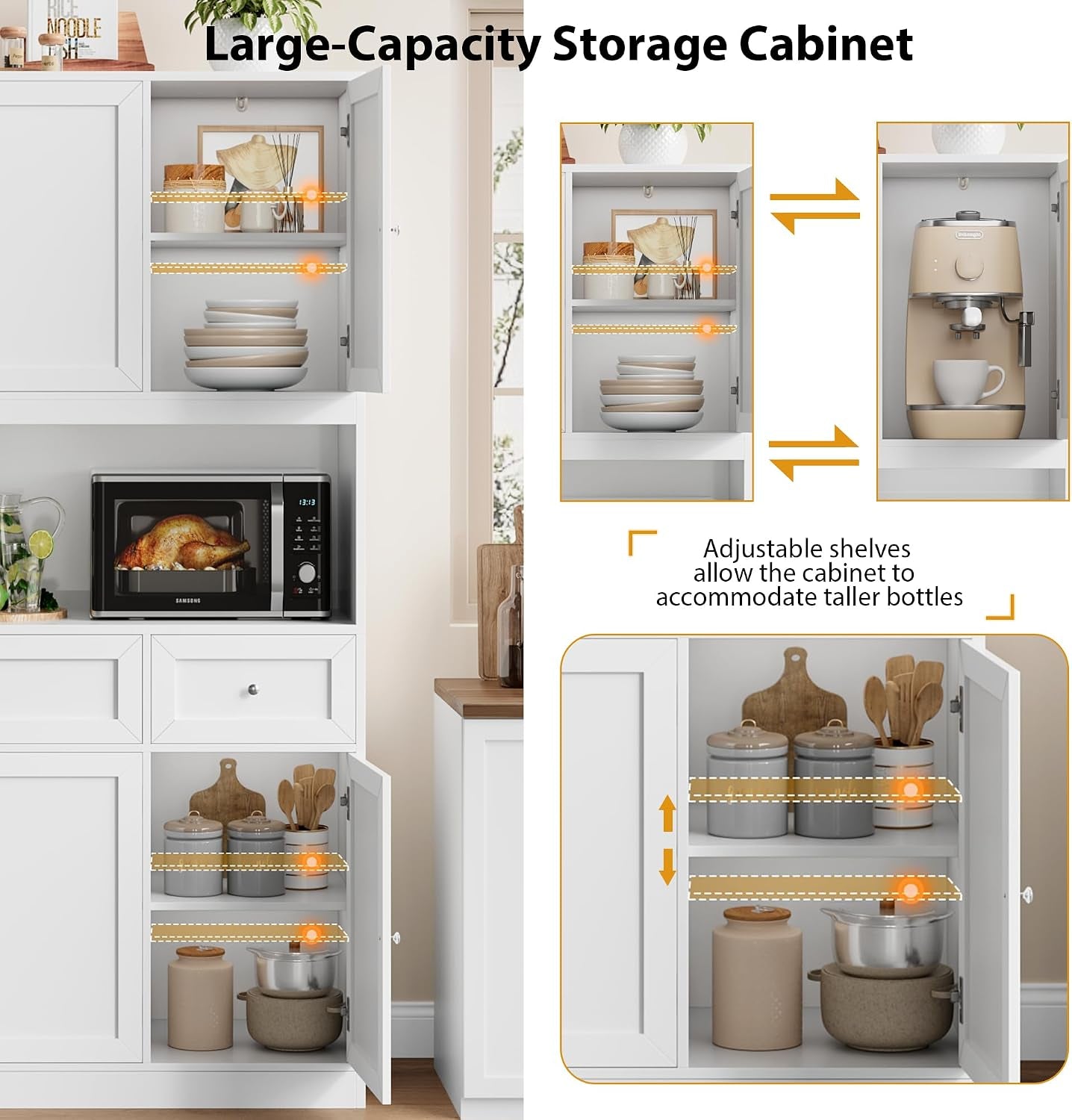Graphic showing adjustable middle shelves inside the cabinet with examples of taller bottles and cookware configurations