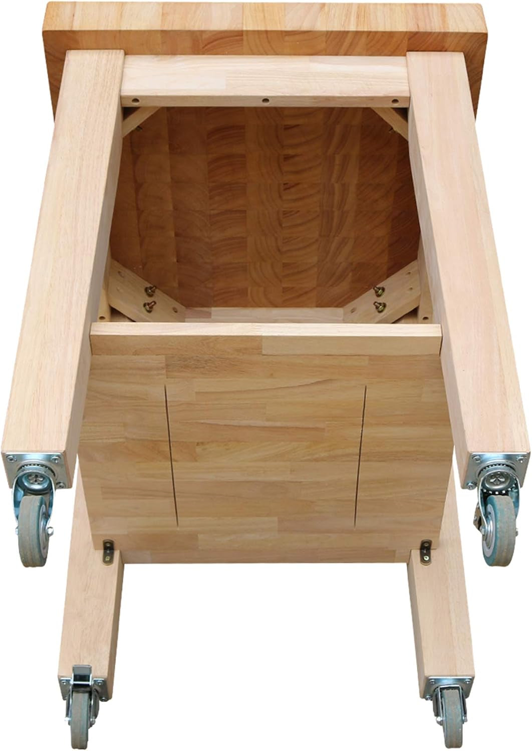 Underside view of the kitchen island showing internal supports, leg frames and caster mounting hardware