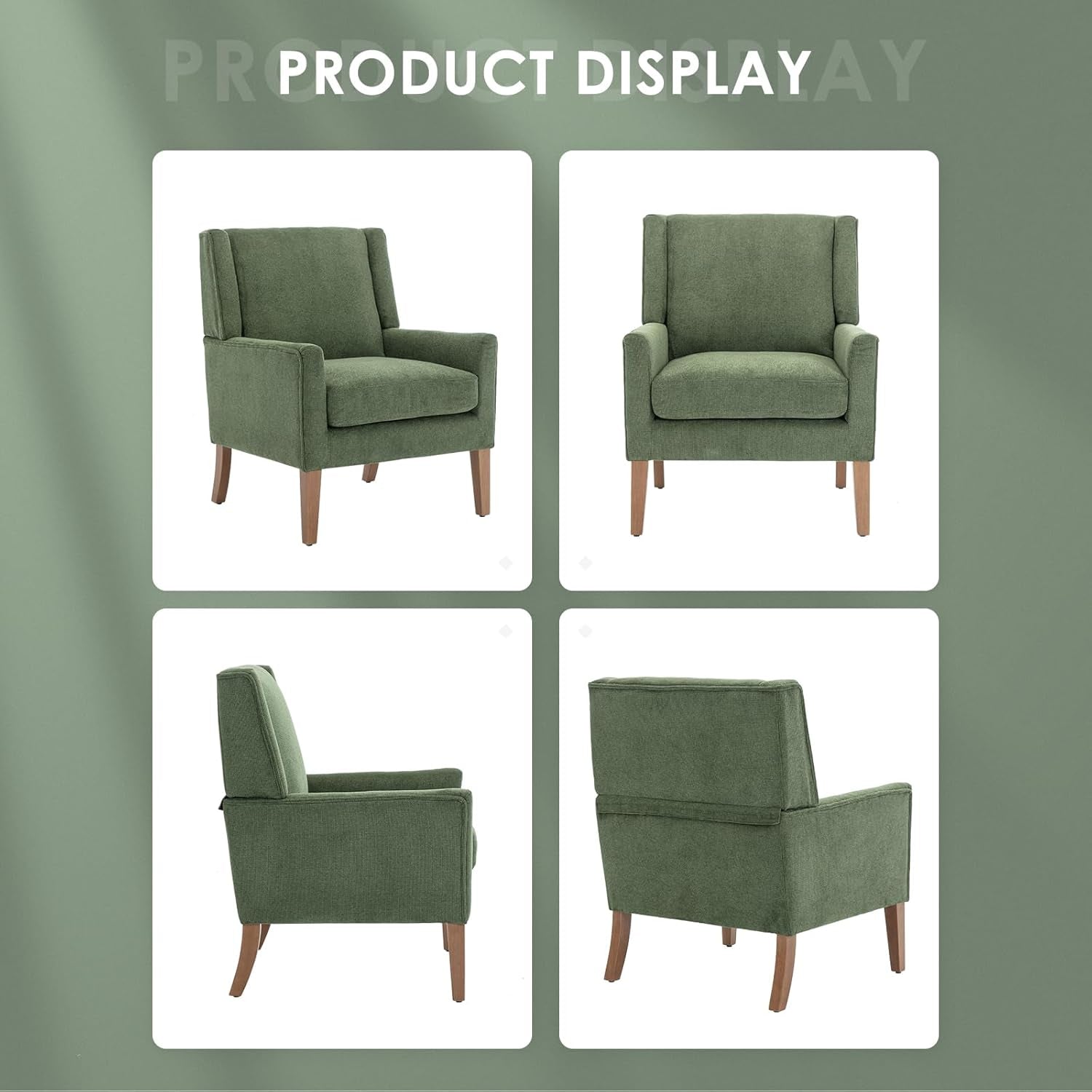 Four-view product display of green wingback chair showing front, side and rear profiles on white background