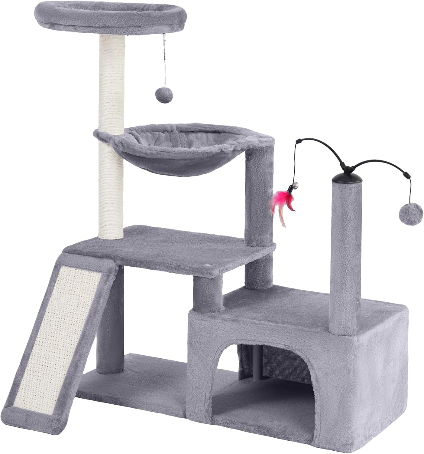 Light gray cat tree showing ramp, hammock, condo and two top perches with toys.