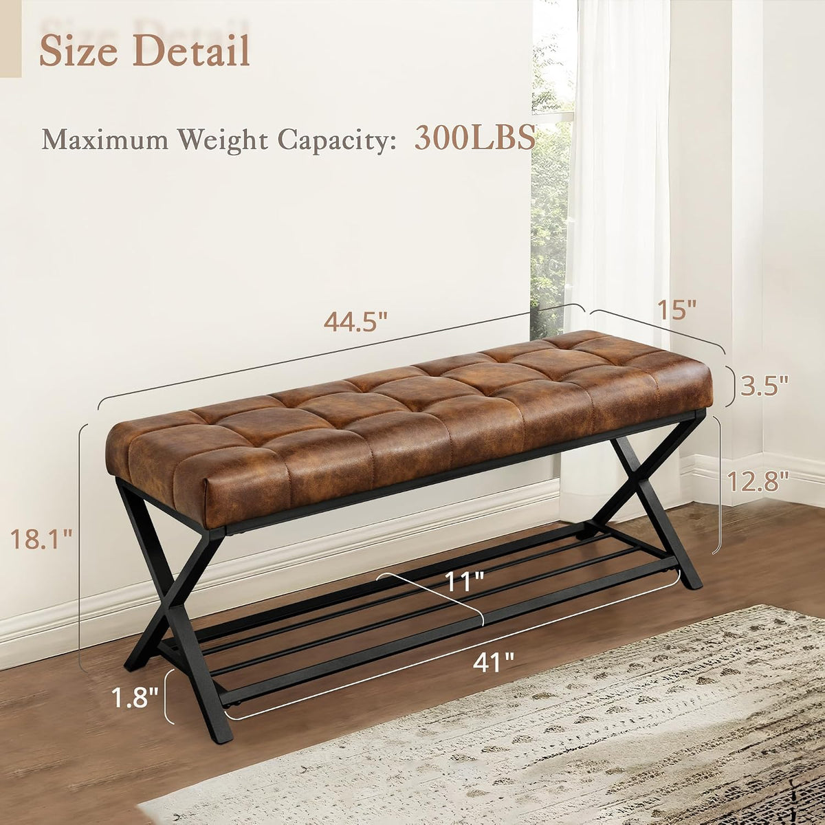 Tufted bench showing dimensions 44.5" L x 15" W x 18.1" H and 41" x 11" lower shelf