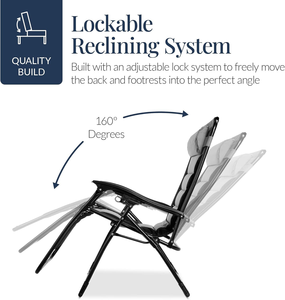 Side view showing the chair in three ghosted recline positions with an arrow indicating the reclining range and a black