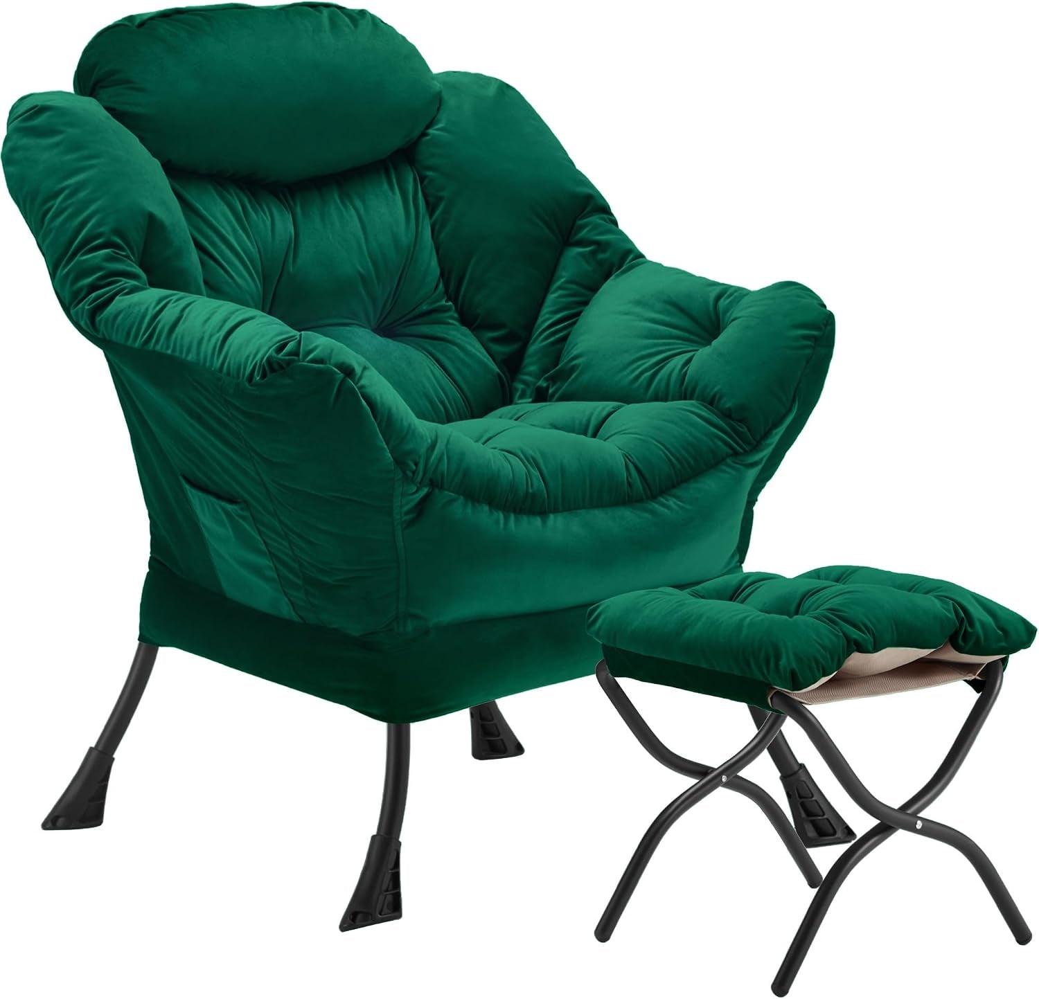 Plush emerald green velvet lounge chair with matching folding ottoman on black metal legs