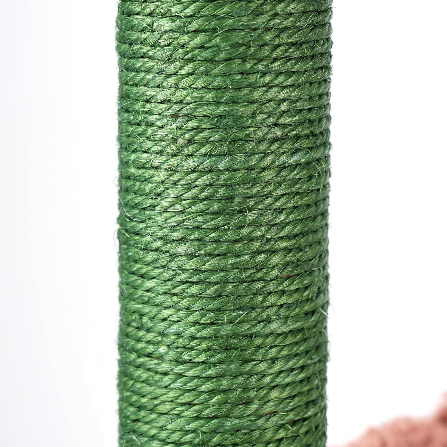 Tight close-up of a green sisal-wrapped scratching post showing rope texture