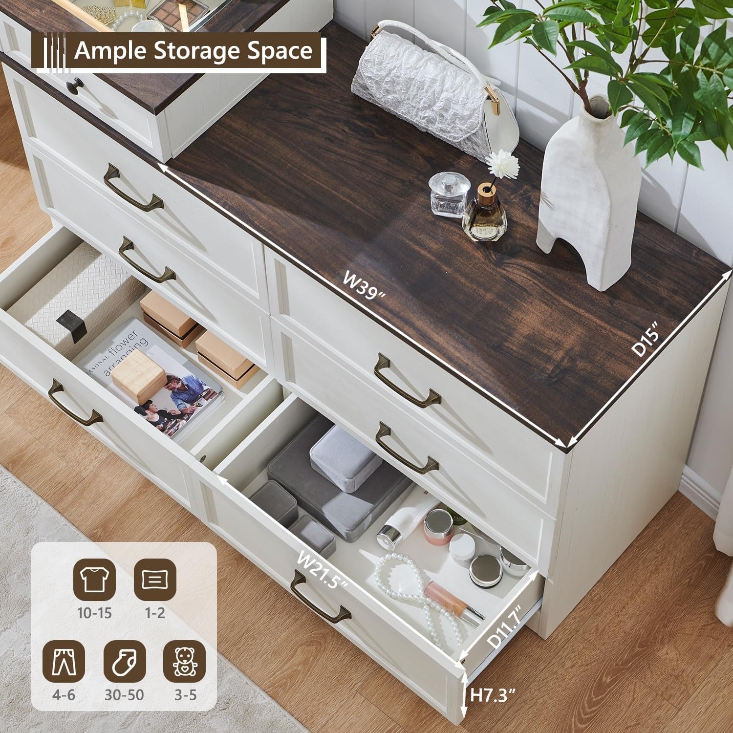 Top-down view of drawers open showing wood-grain tabletop and large storage drawers with organizers