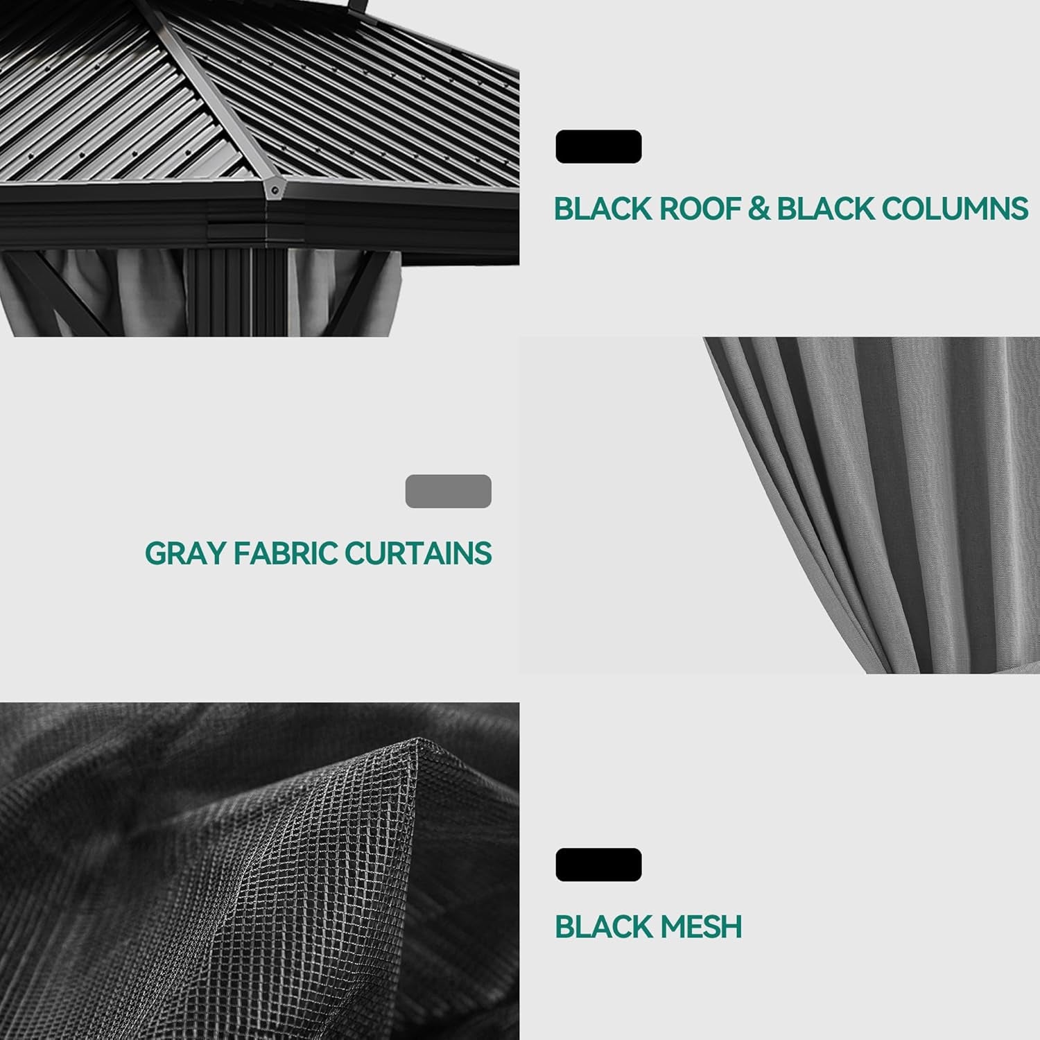 Detail collage showing black roof and columns, gray fabric curtains and black inner mesh close-ups