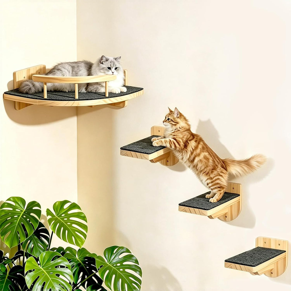 Light-wood corner bed with guardrail and three staggered steps, one cat resting and one climbing