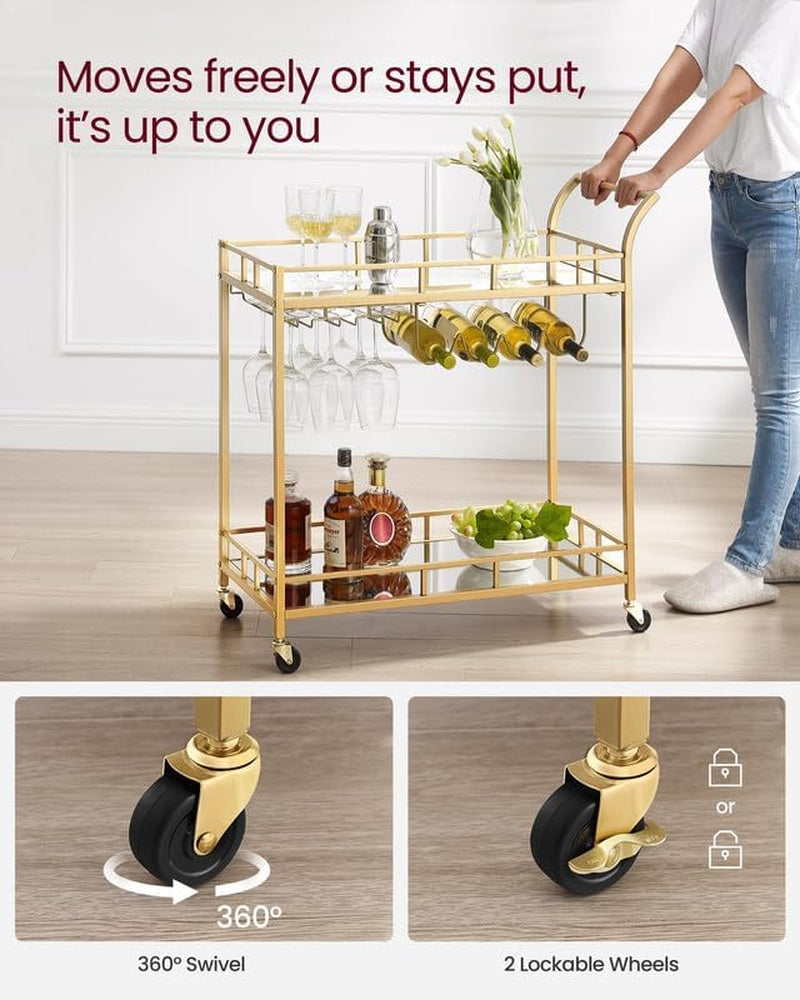 Person pushes a gold metal bar cart on casters; inset close-ups show a swivel wheel and a lockable wheel.