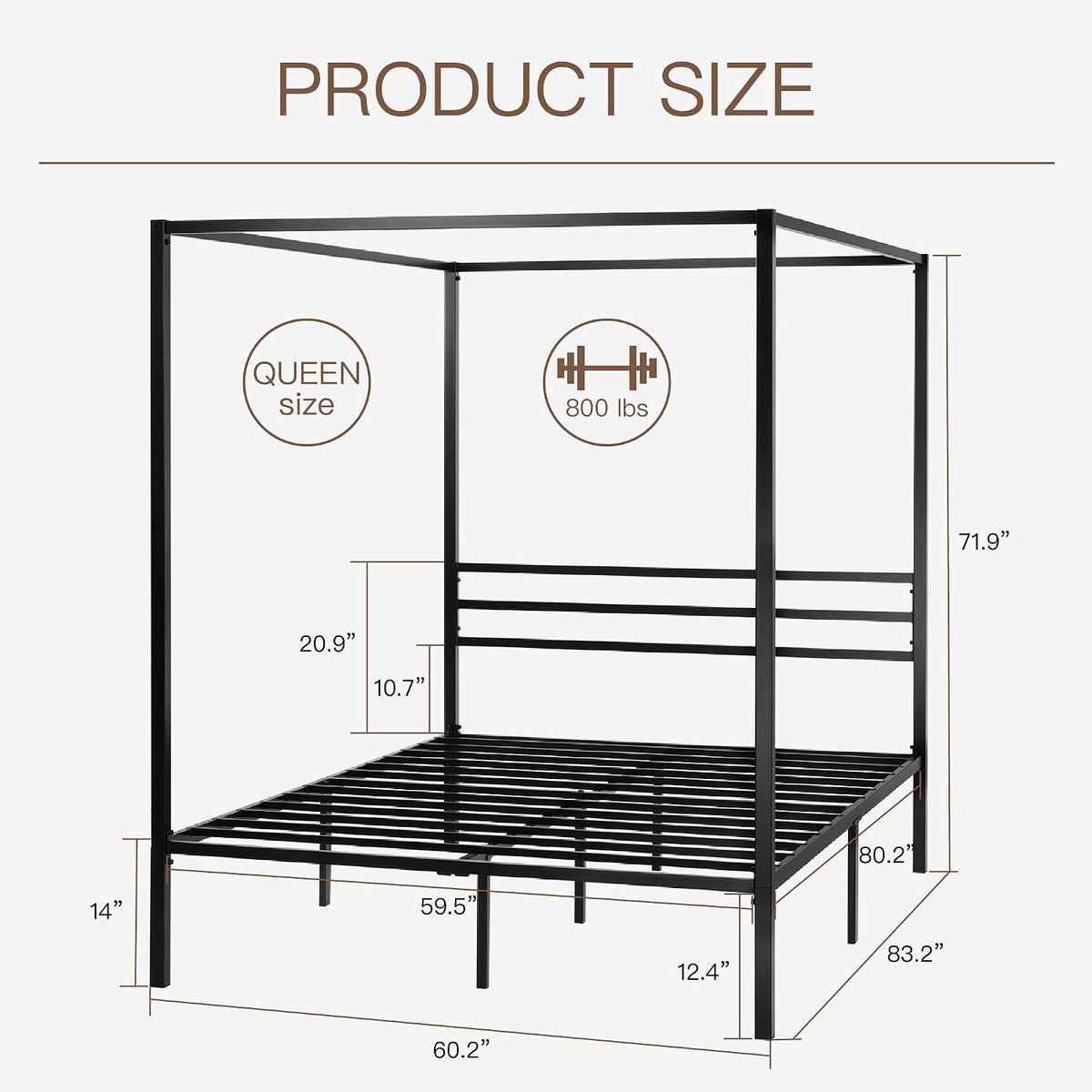 Black metal canopy bed diagram showing platform slats, support legs and a load-capacity icon