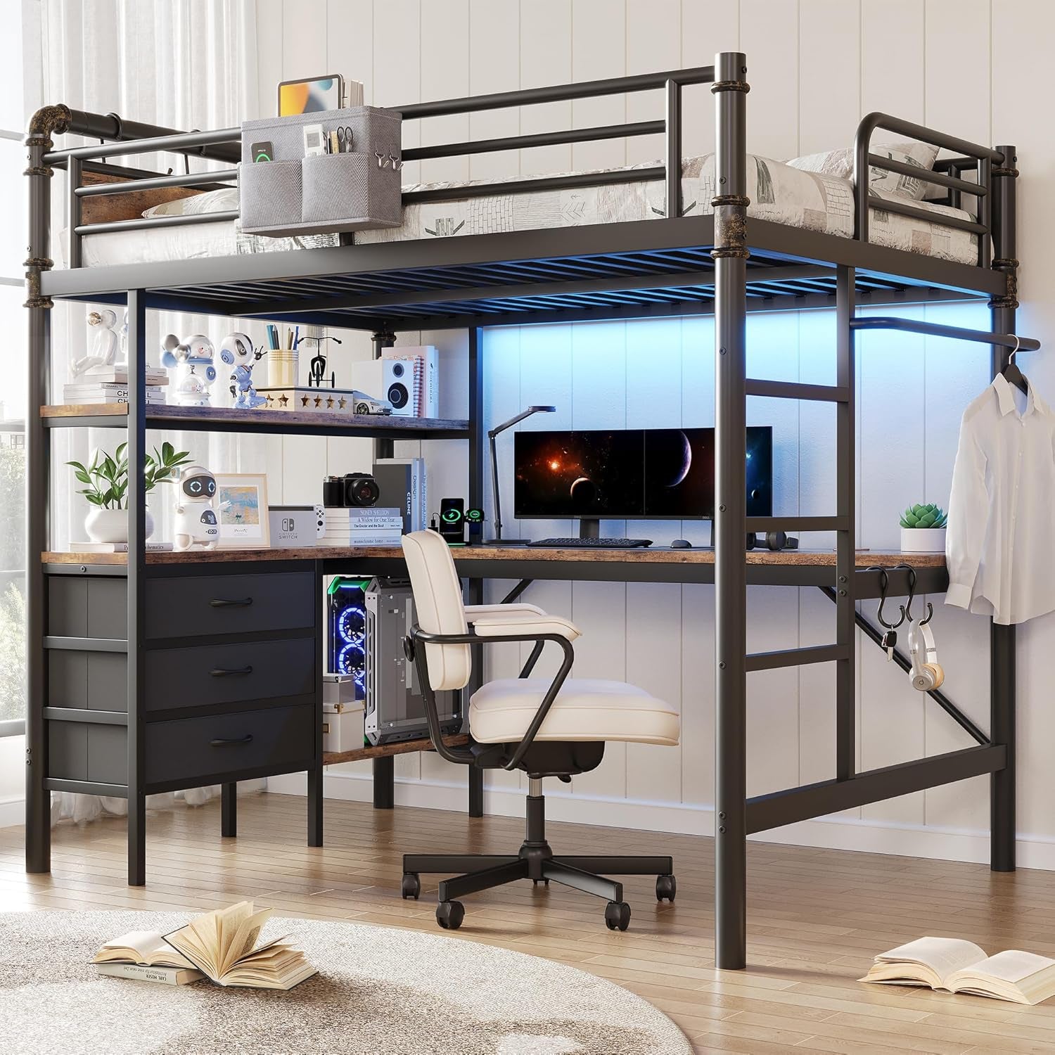 Dark vintage-brown metal loft bed over an L-shaped desk with blue LED backlight, chair, shelving and ladder.