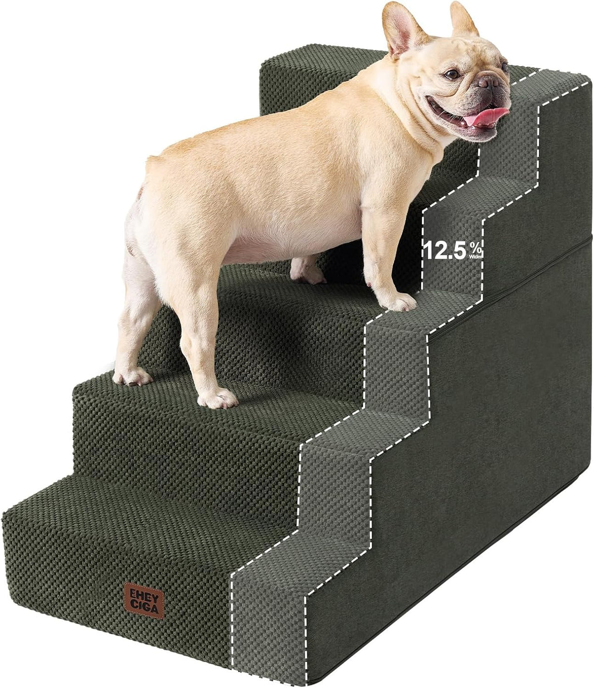 Dark olive three-step pet stairs with a cream French bulldog and dotted outline highlighting the stair profile.