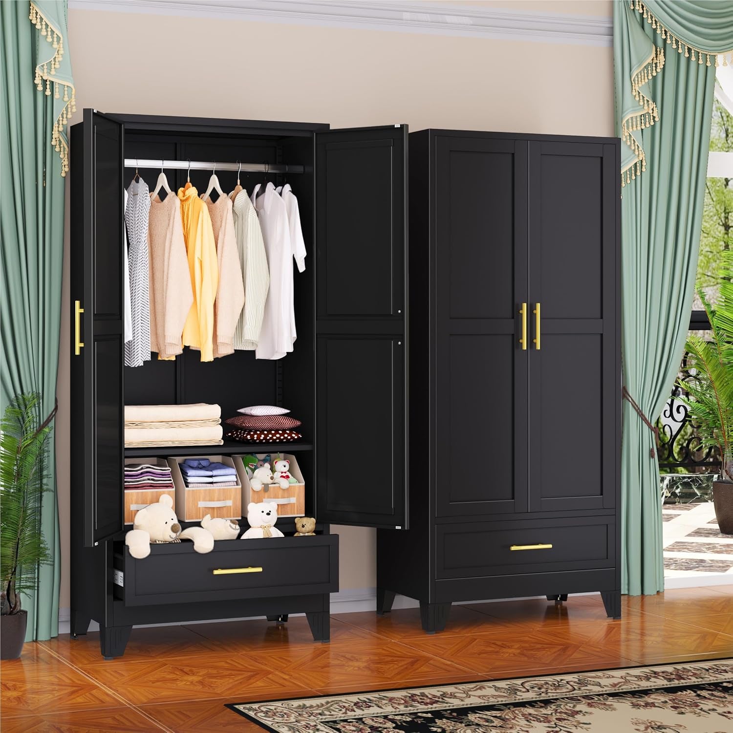 Open black wardrobe showing hanging rod with clothes, middle shelf with folded linens and cubby boxes, bottom drawer filled