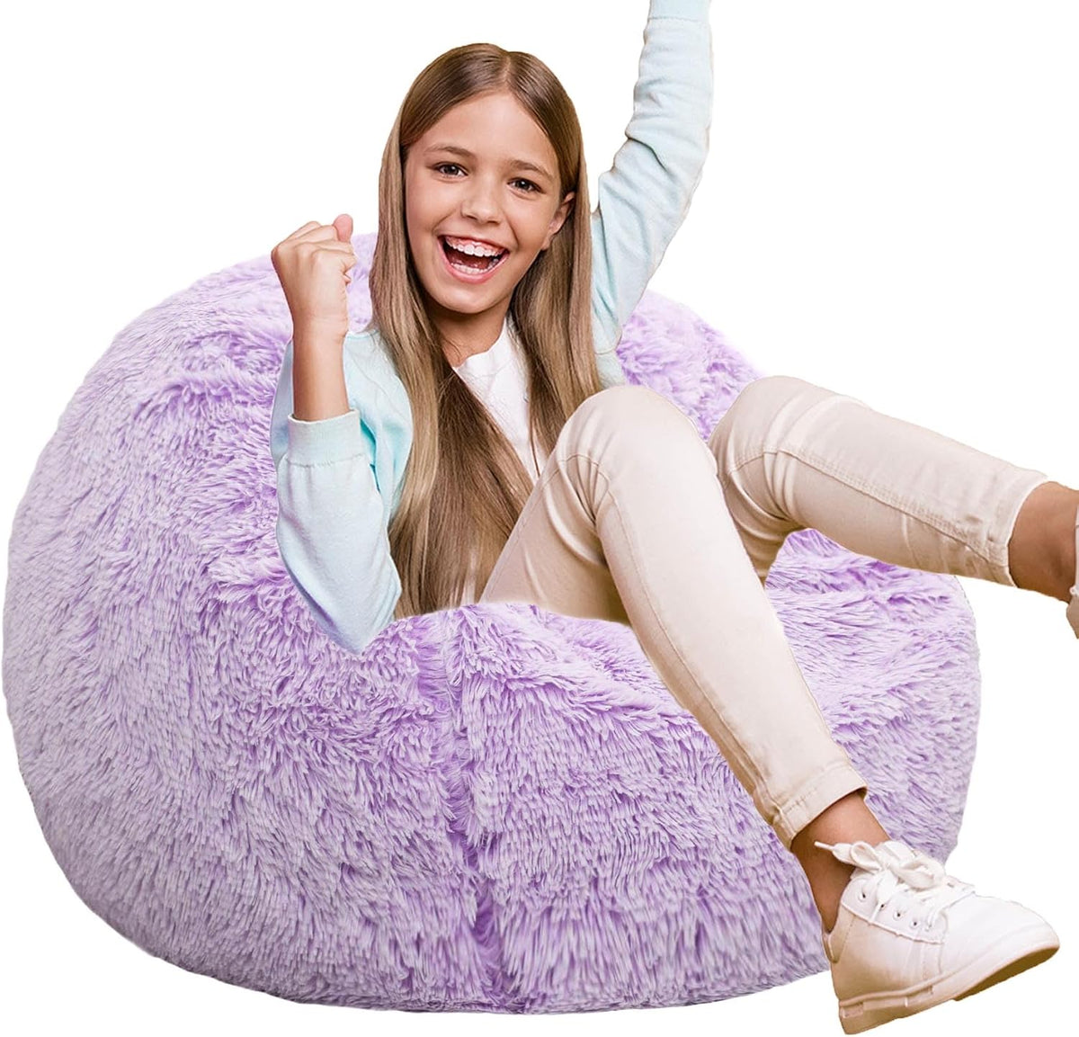 Teenager sitting cheerfully in a lavender fluffy round bean bag against a white background.