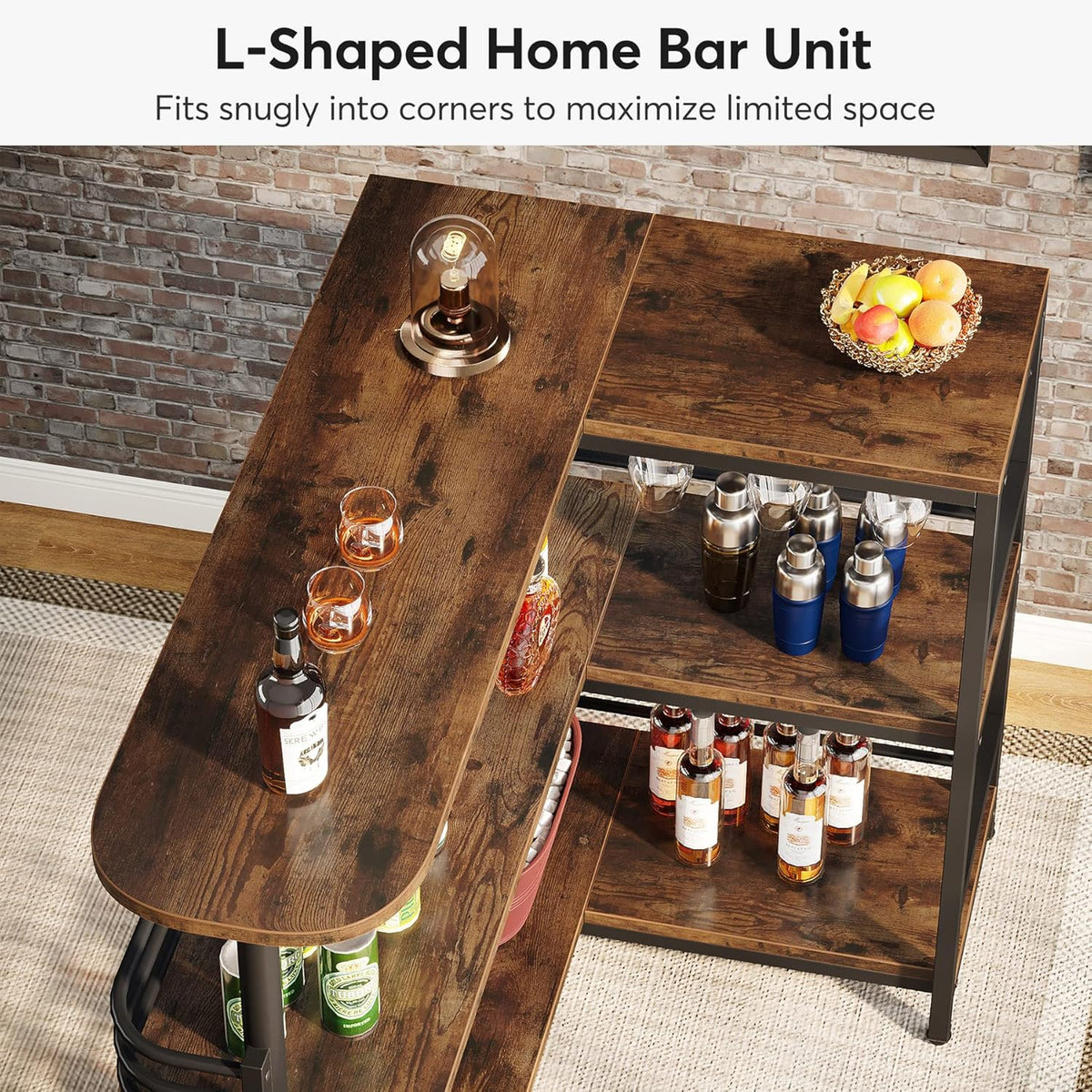 Overhead angle of the L-shaped bar showing the elongated top surface and inner shelf layout