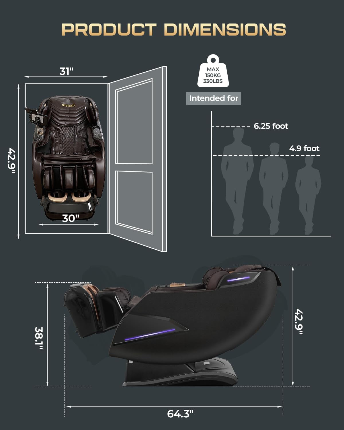 Side and top schematic of the massage chair with measurement overlays and human silhouettes for scale