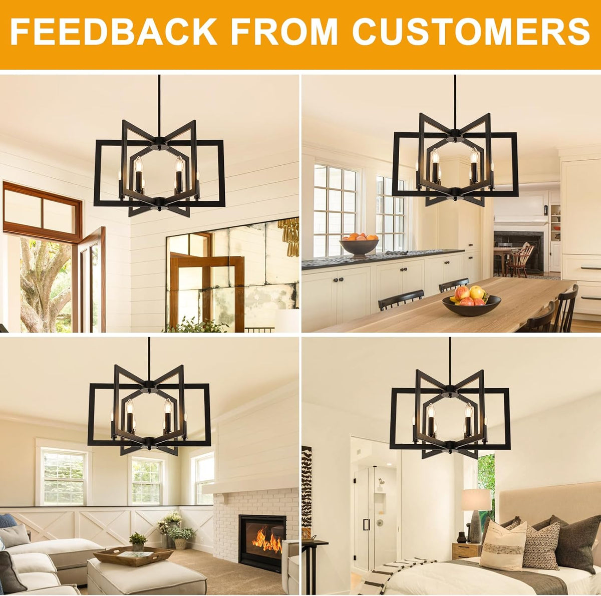 Four lifestyle shots showing the black geometric chandelier installed over dining, living and bedroom settings.