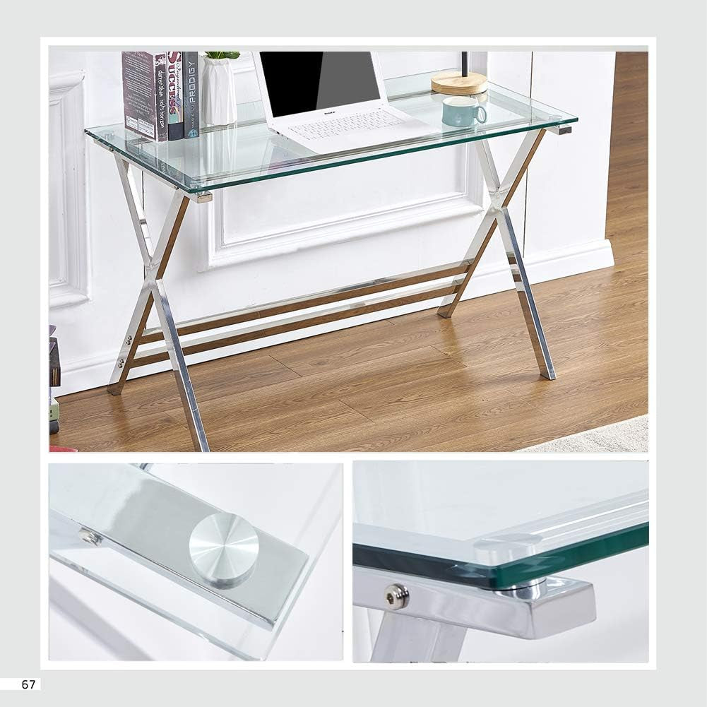 Three-image collage: full desk in room plus two close-ups of the glass corner and metal corner bracket.