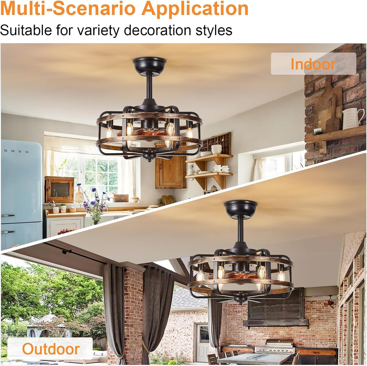 Caged ceiling fan shown in multiple indoor and covered outdoor-style settings for application examples