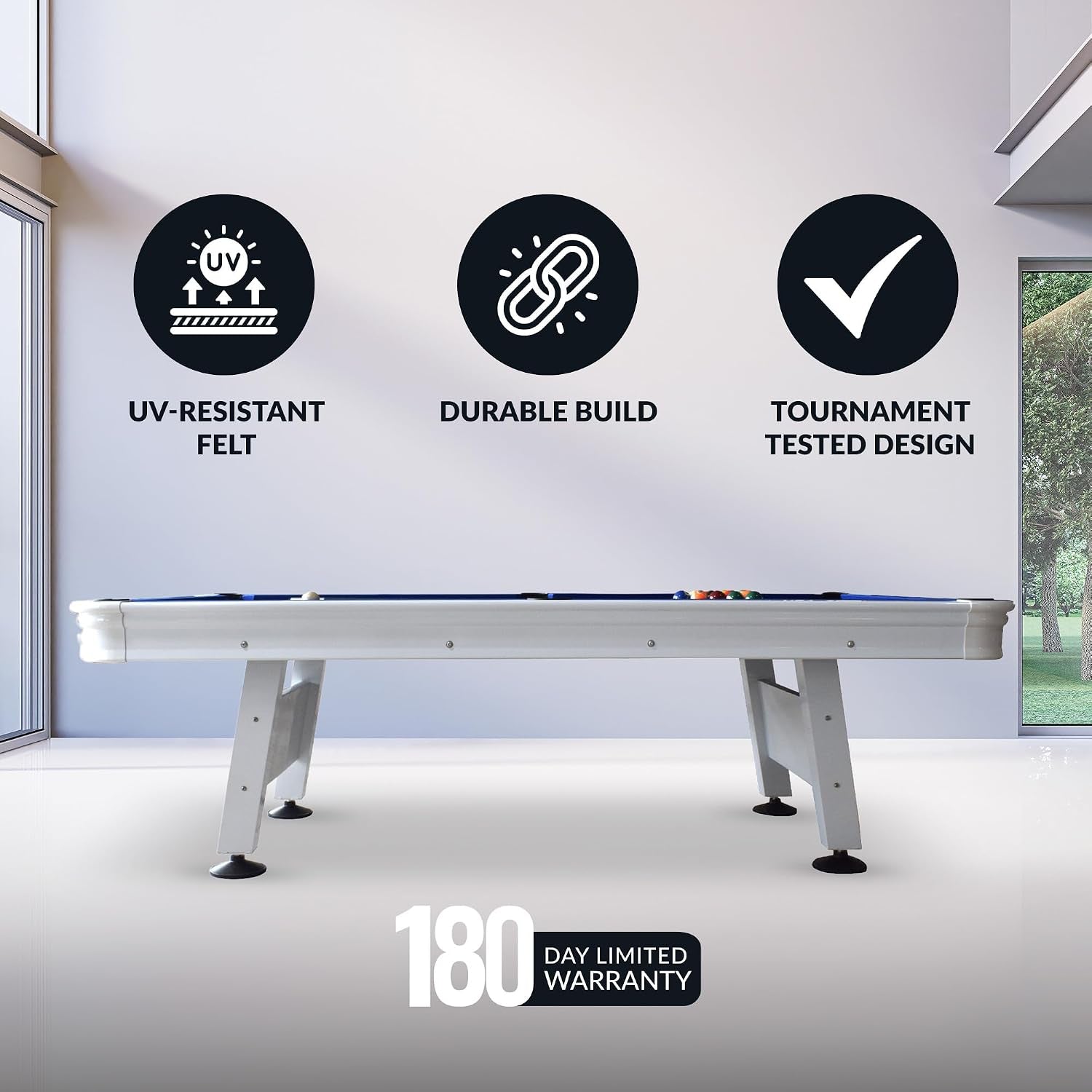 Side profile of white outdoor pool table in a bright room with three feature icons above the table