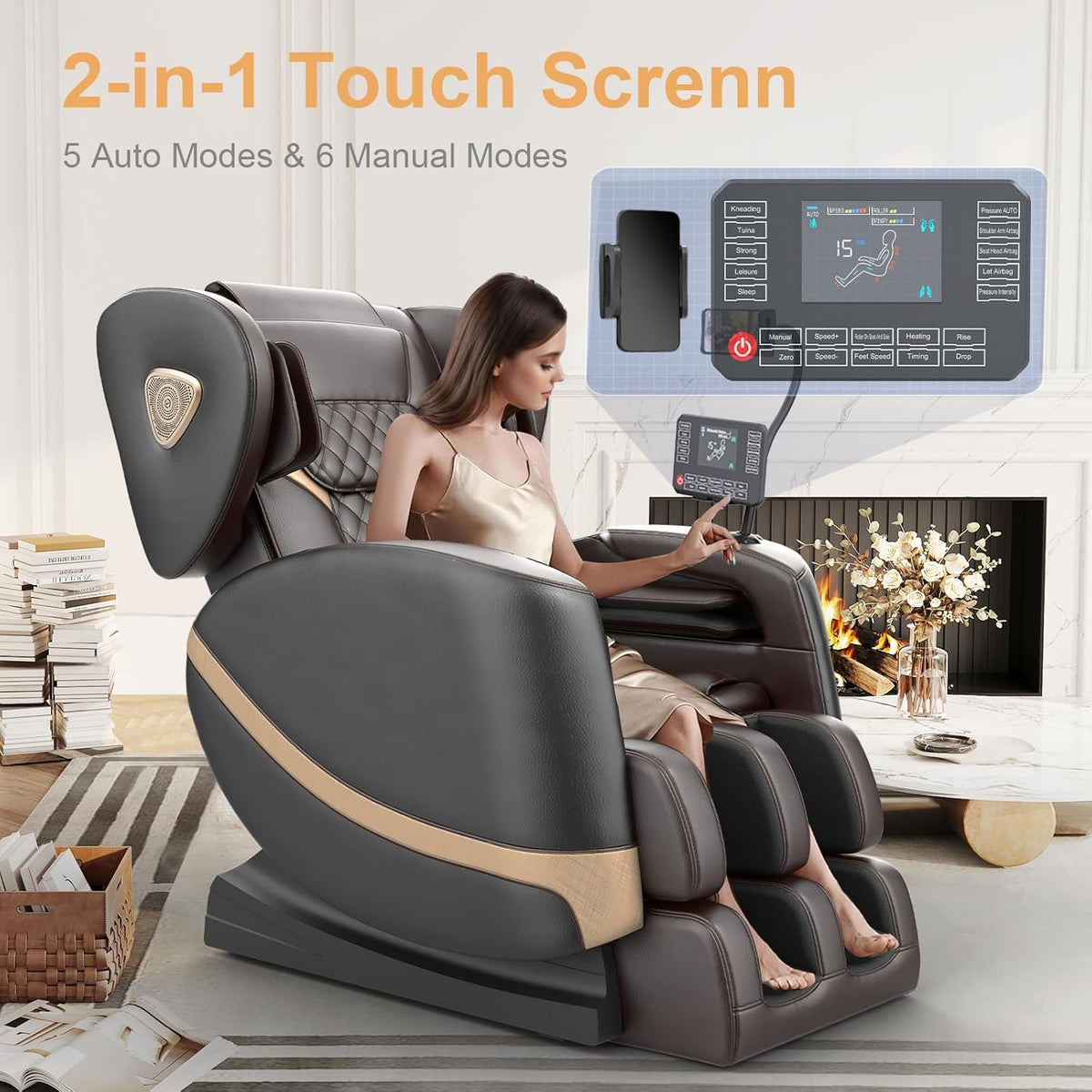 Brown massage chair in a living room scene with a woman using the built-in touchscreen and phone holder