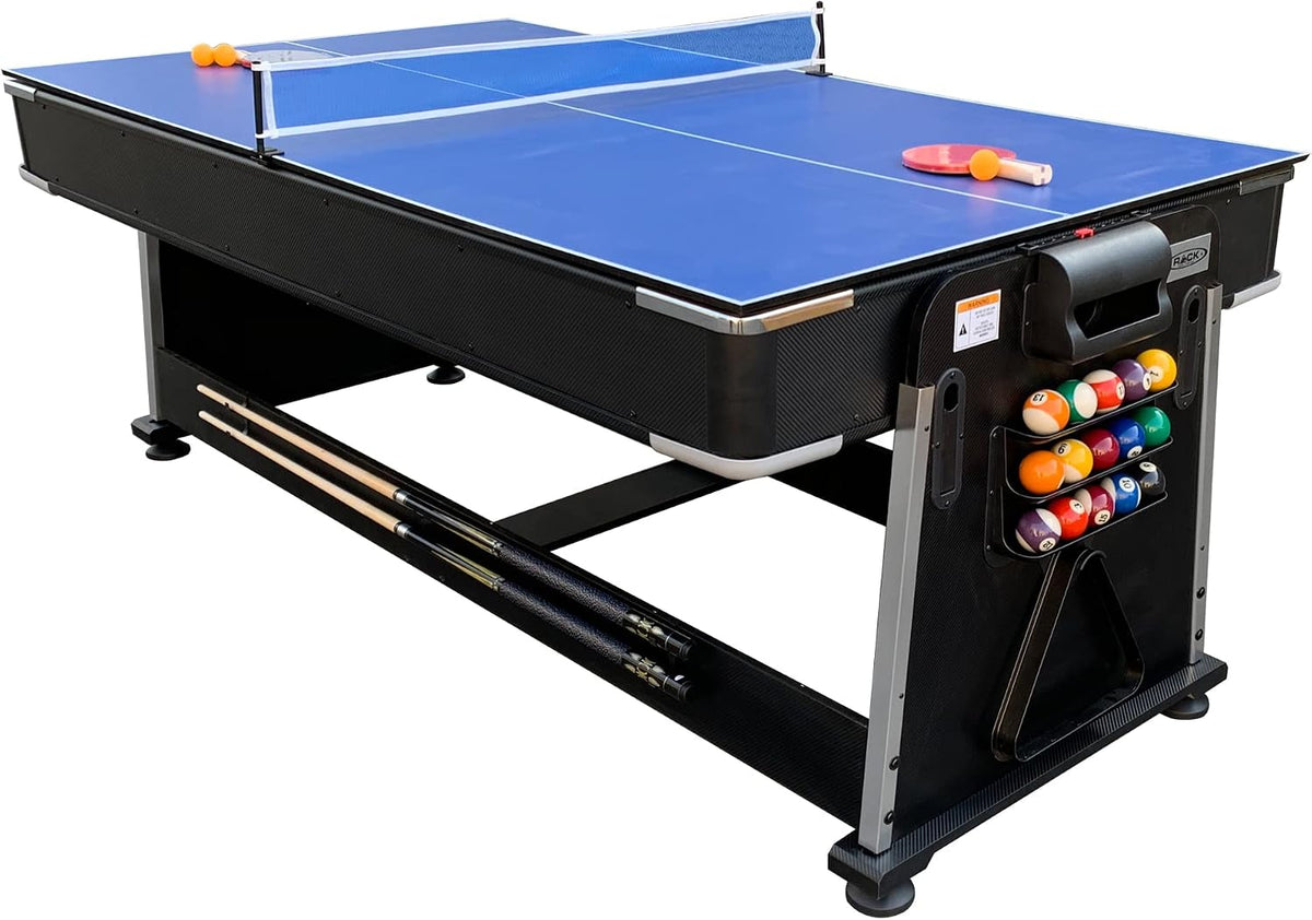 Table tennis top set up on the table with blue playing surface, net, paddles and balls
