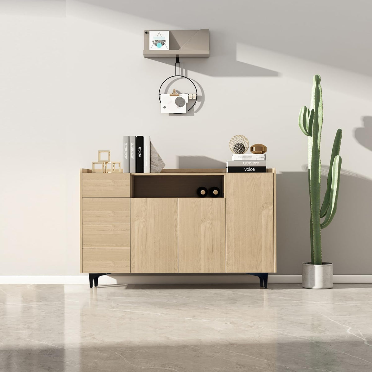 Light wood cabinet raised on black metal legs in a bright, minimal living room setting