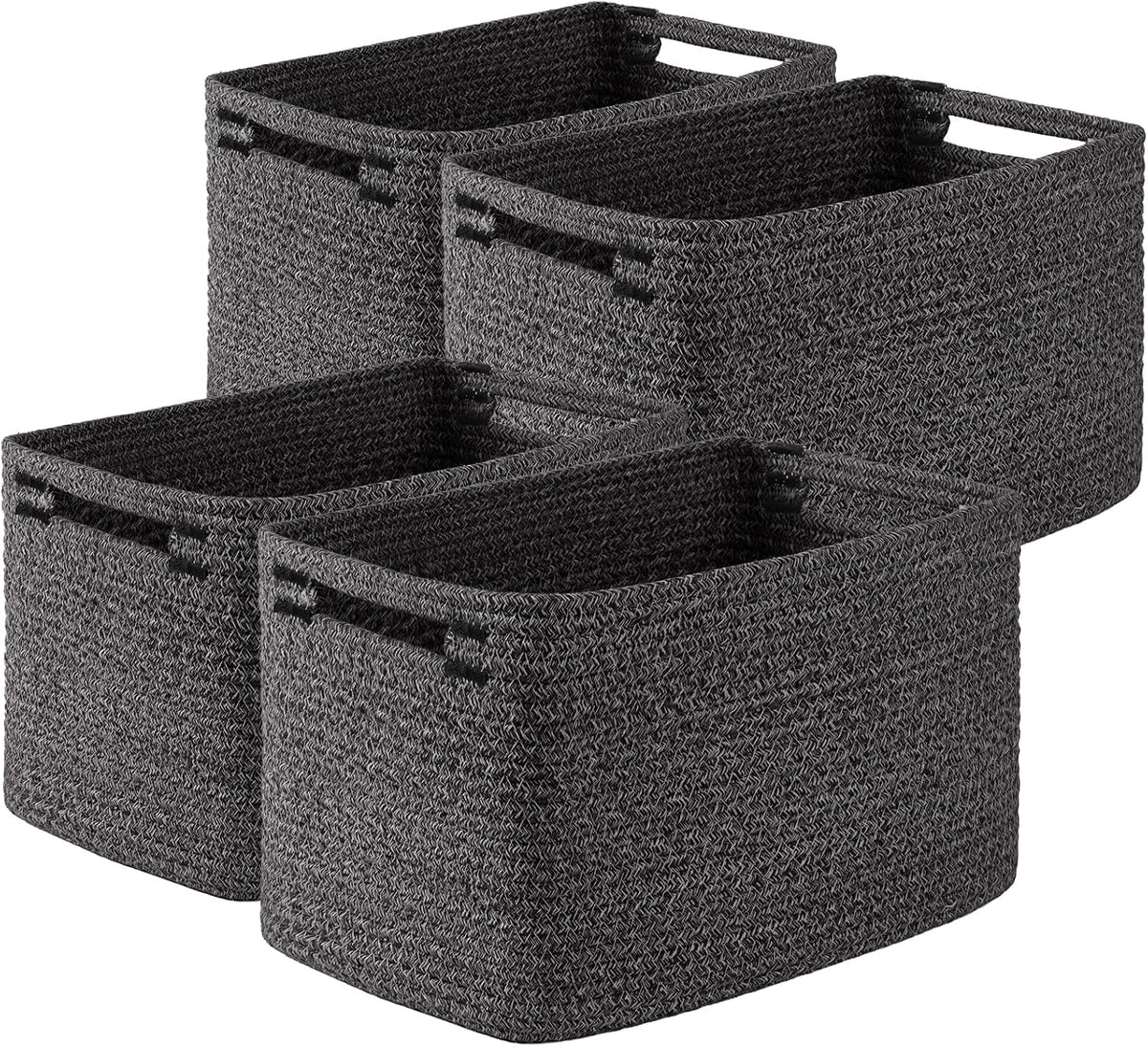 Set of four dark gray heathered rope baskets shown from a slightly elevated angle.