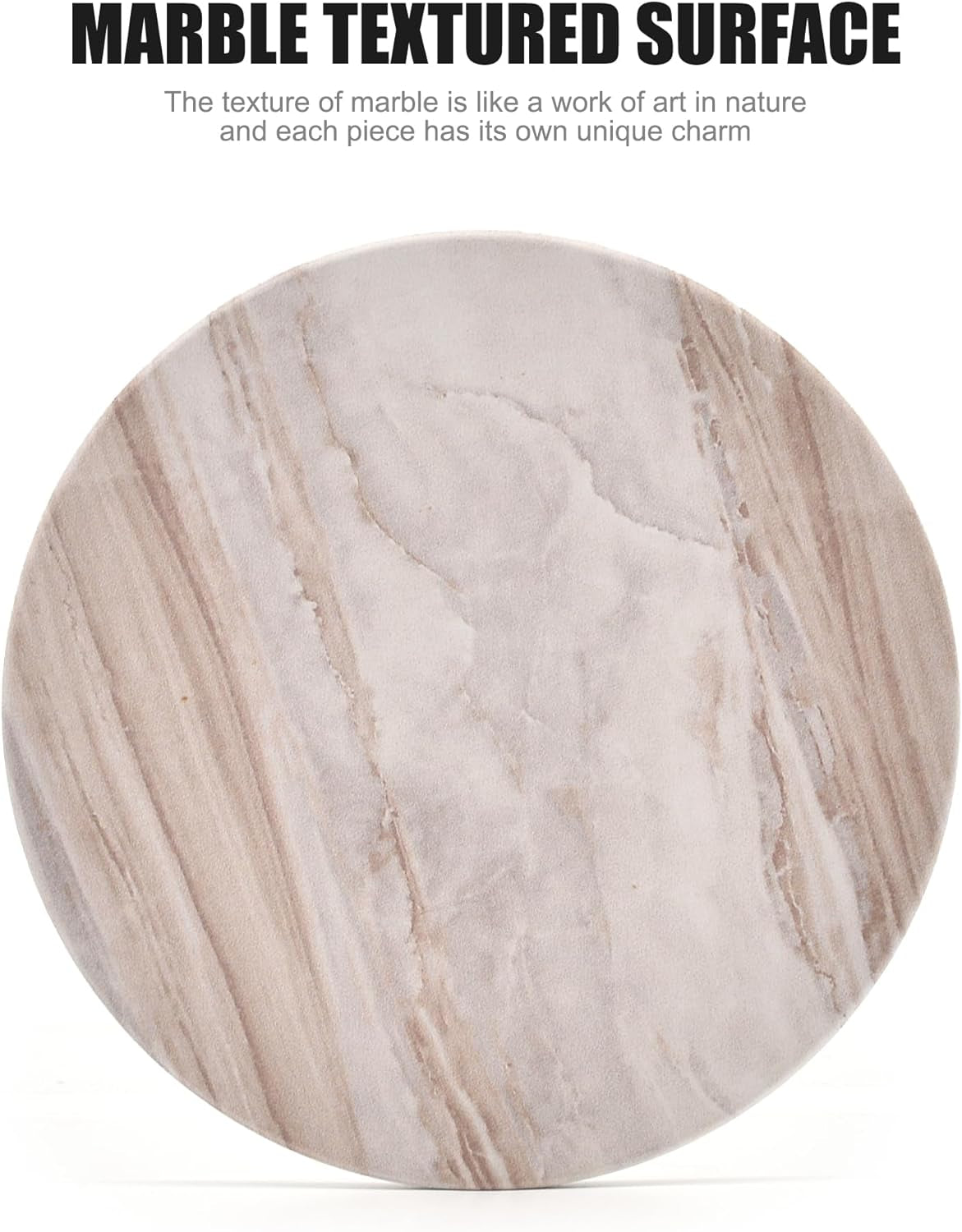 Top-down view of a single round ceramic coaster with beige and white marble-style veining across the surface