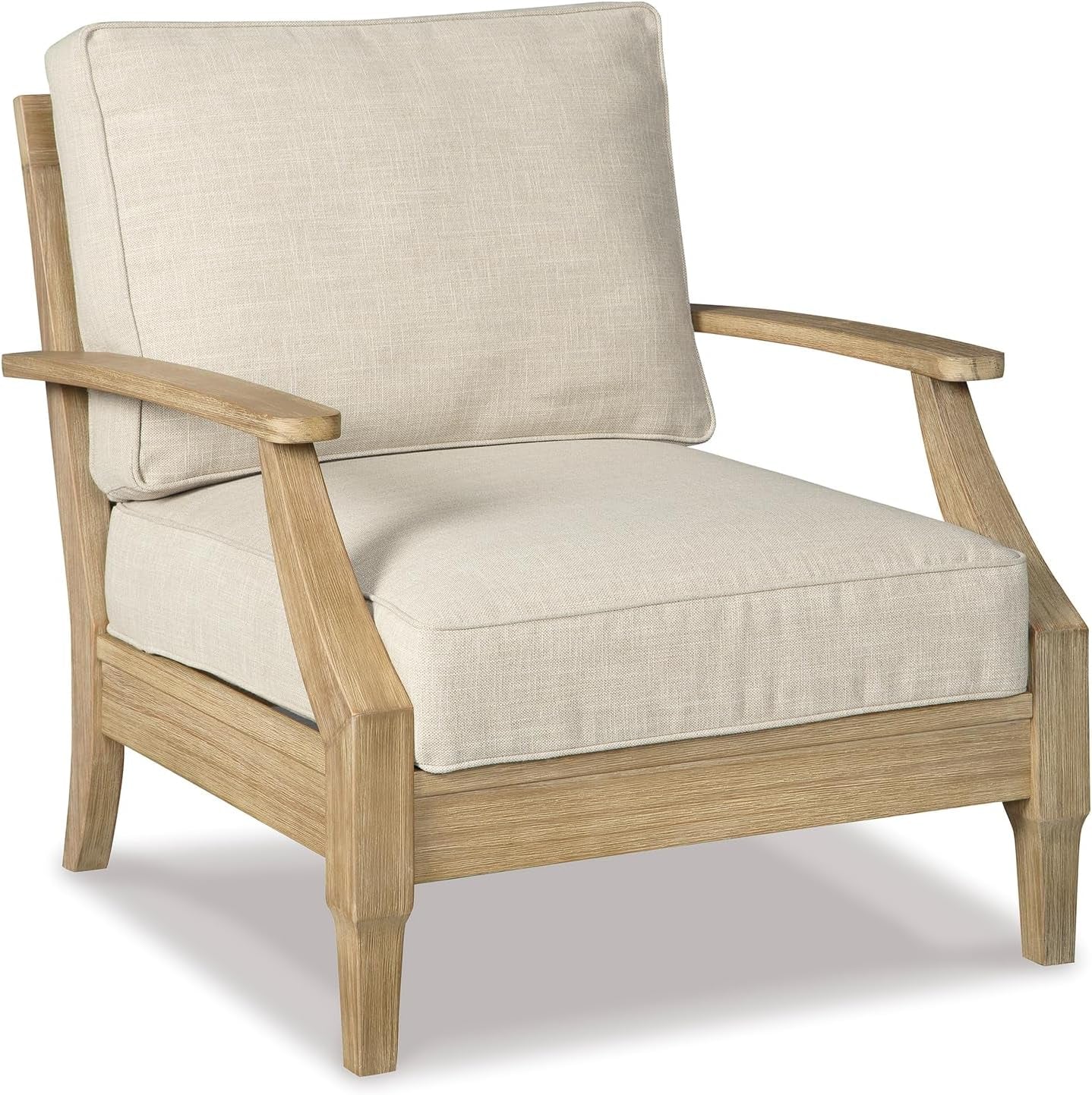 Side-front view of a single beige-cushioned outdoor chair with light wood frame and sloped arms