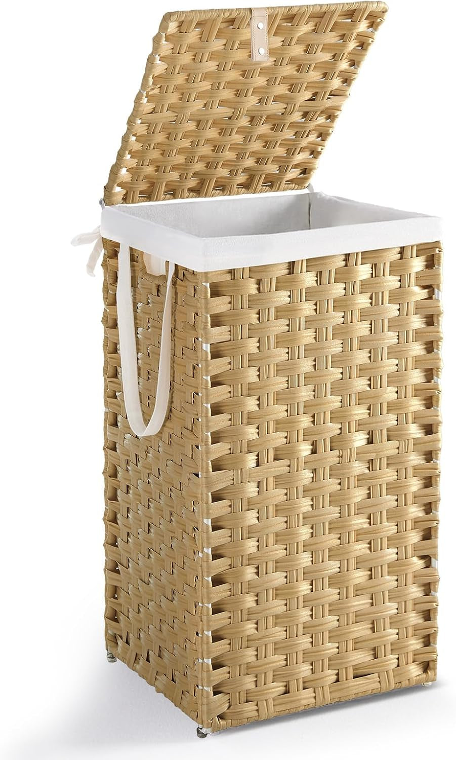 Slim rectangular light-tan hamper photographed upright with lid open and small clear feet visible at the base.