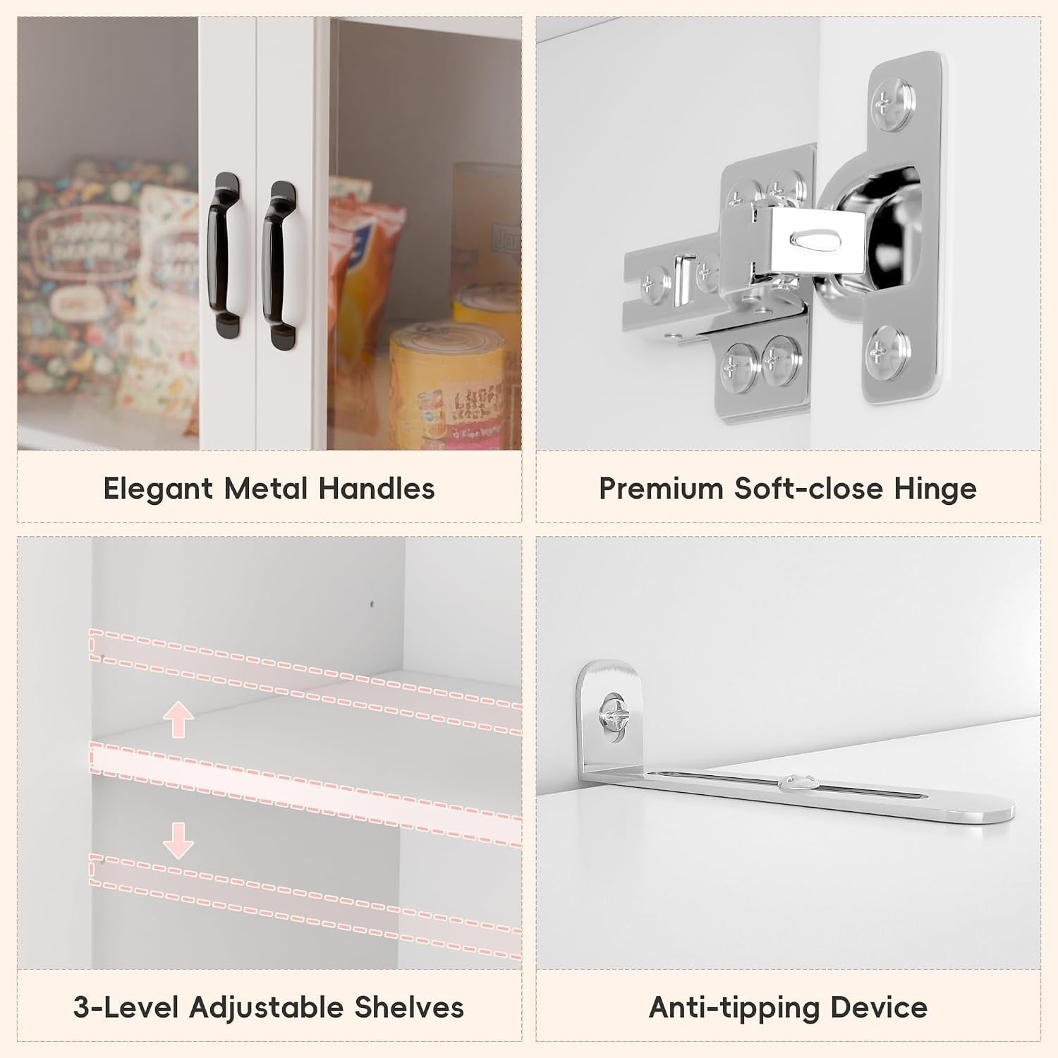 Collage showing elegant metal handles, a premium soft-close hinge, adjustable shelf diagram and anti-tipping bracket