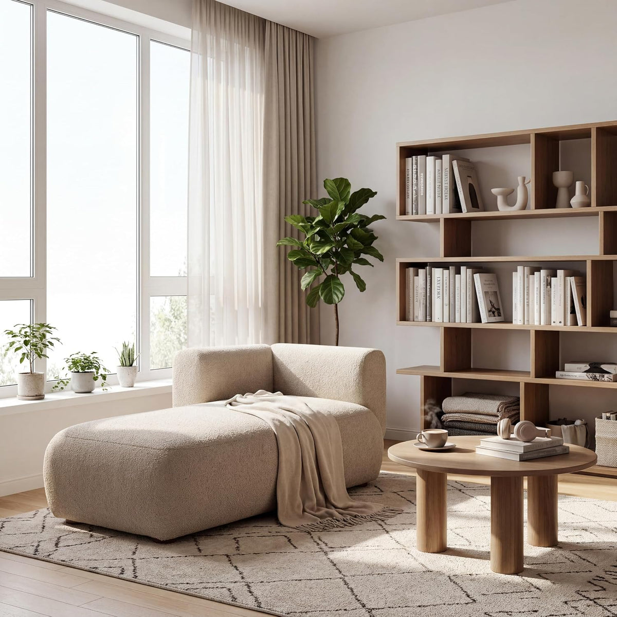 Cream boucle chaise angled beneath a large window with a low round table and tall open shelving nearby.