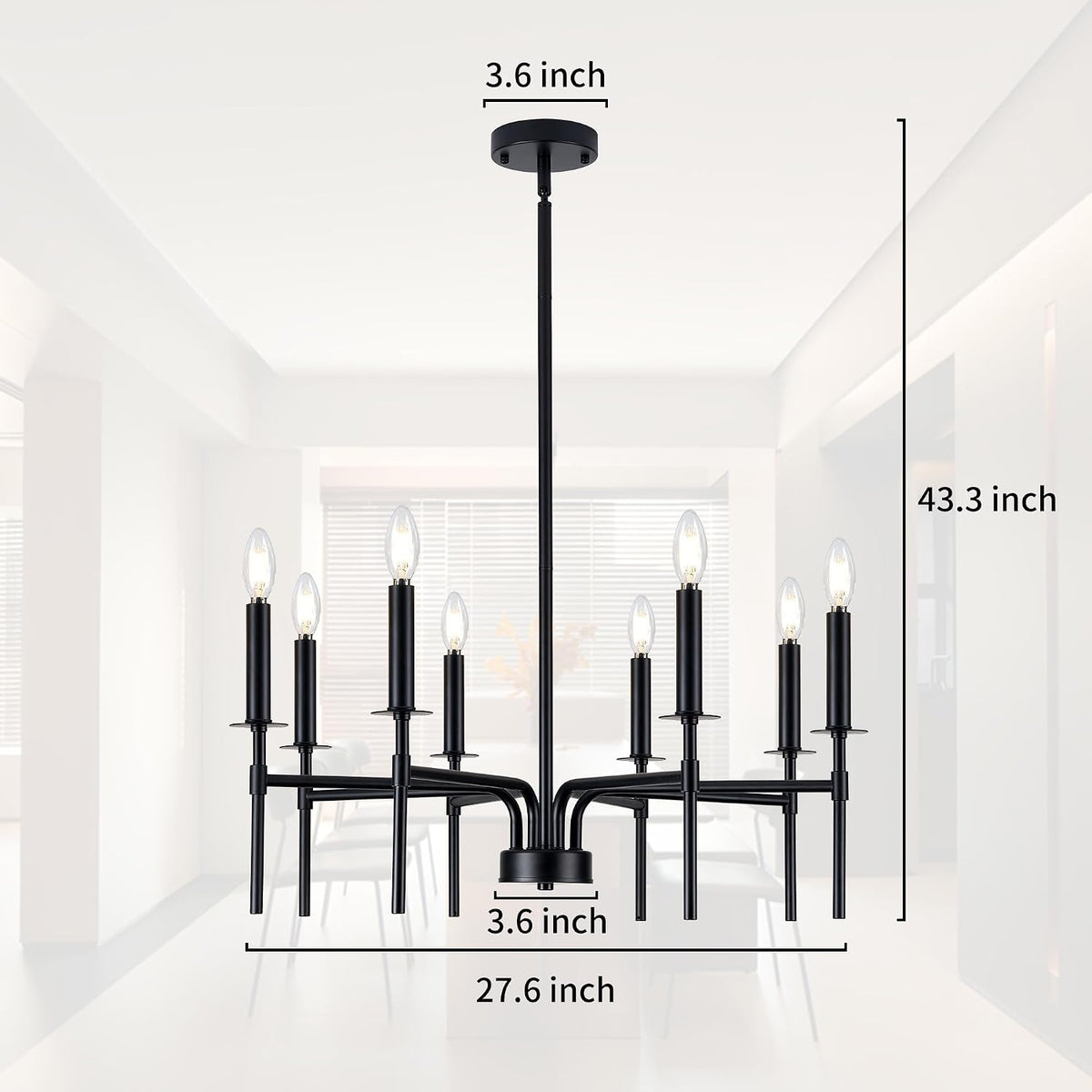 Front view of chandelier with measurement overlay showing 27.6 inch width and 43.3 inch height
