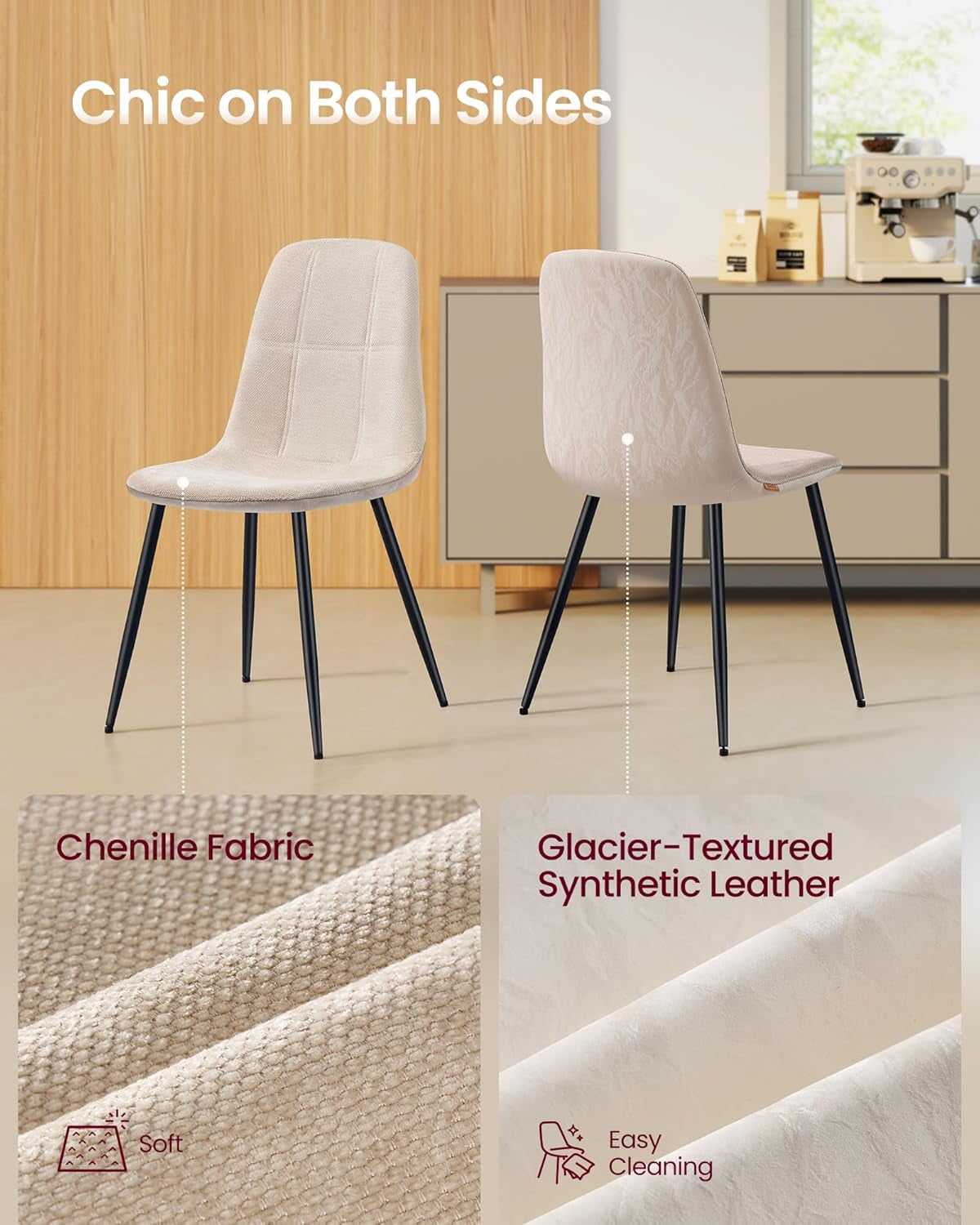 Two chairs showing chenille fabric front and glacier-textured synthetic leather back with close-up material swatches