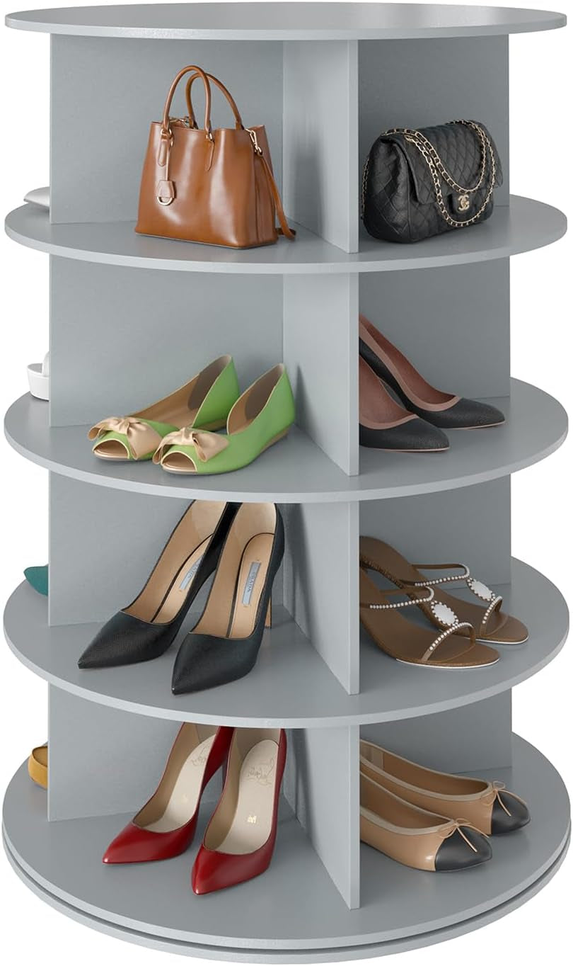 Light gray 7-tier rotating shoe rack shown straight-on with assorted shoes and a handbag