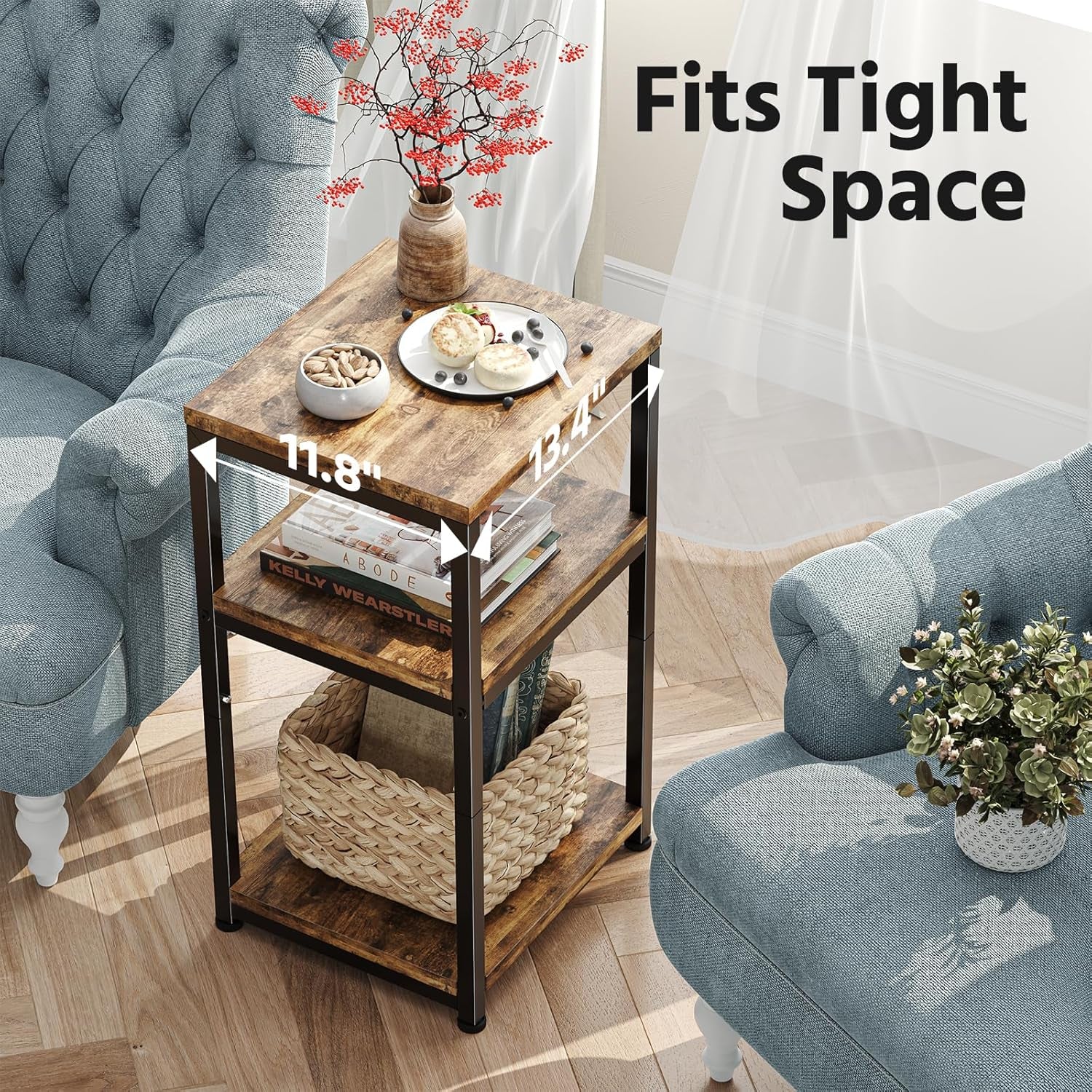 Top-down angled view of the side table between two chairs showing shelf dimensions callouts