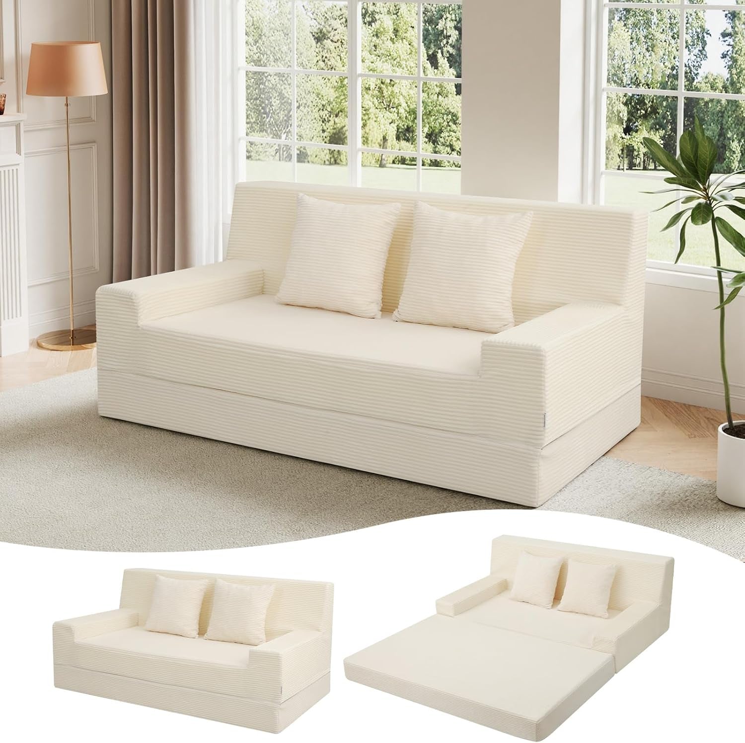 Cream corduroy loveseat sofa bed in a sunlit living room with two matching throw pillows