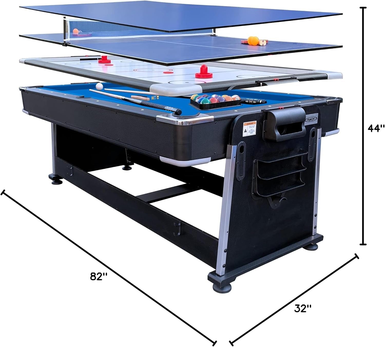Exploded view of three playing tops above the table with arrows marking overall dimensions and base details.