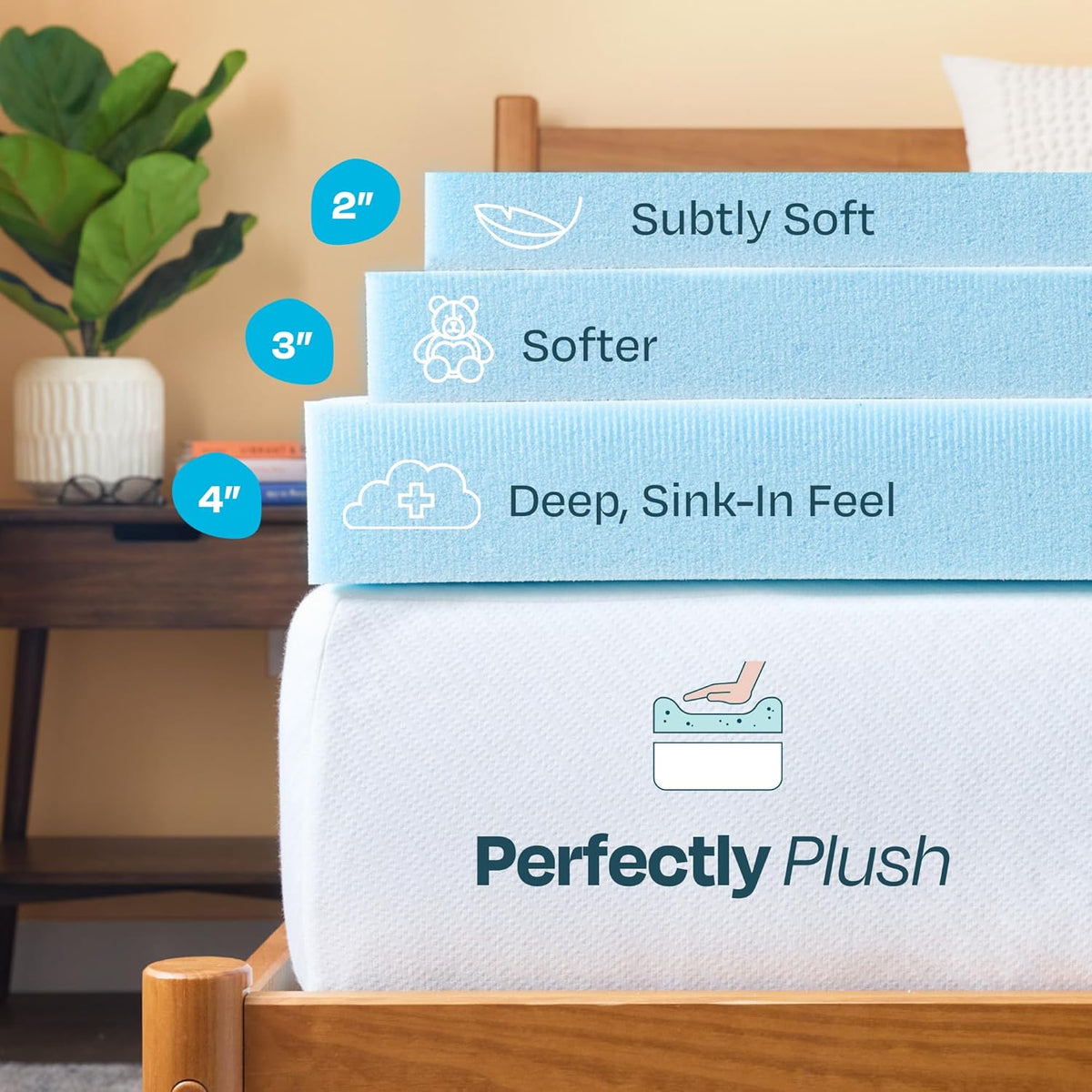 Three blue foam topper layers stacked to show 2-, 3- and 4-inch profile comparisons next to a mattress.
