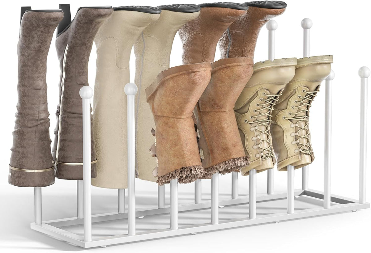 White boot rack displayed with multiple boots inverted, shown on white background from a low front angle.