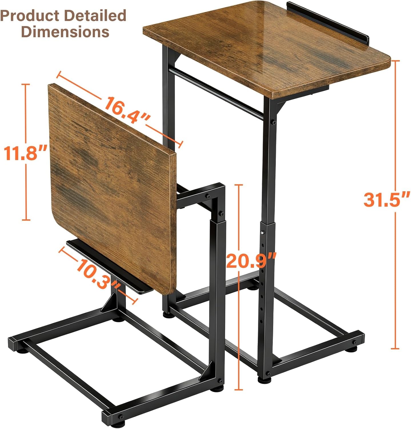 Two assembled brown wood-top tables showing upright and folded positions against a white background with measurement