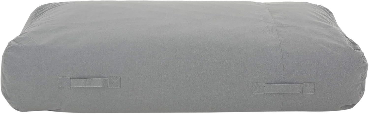 Straight-on front view of the same lounger in light gray with two stitched carry handles visible.