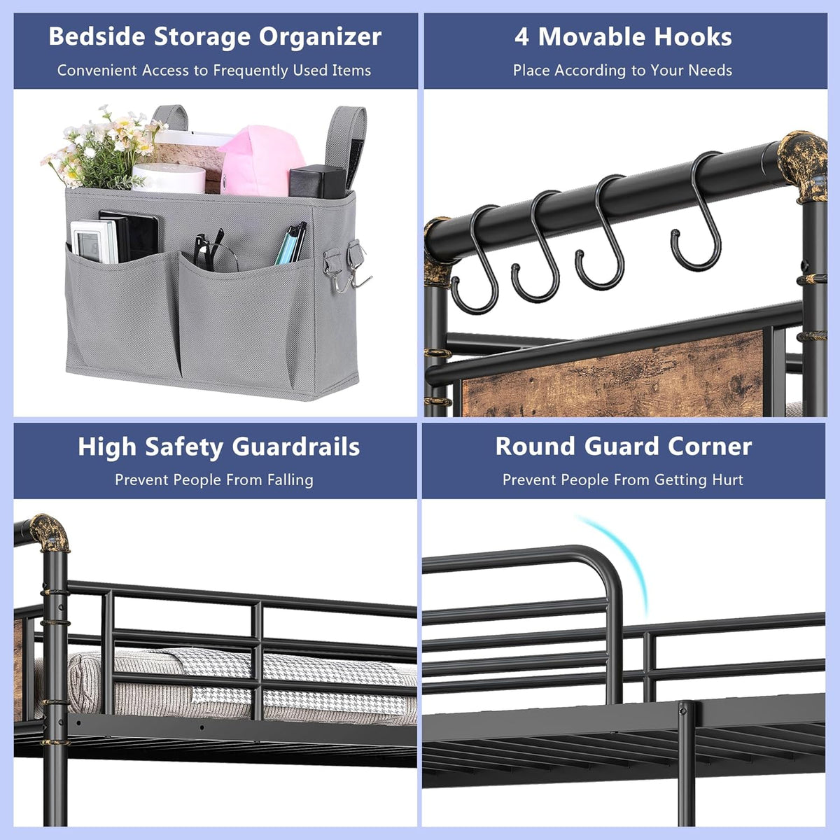 Four-panel collage showing bedside organizer, four S-shaped hooks on a rail, metal guardrails, and a rounded top corner.