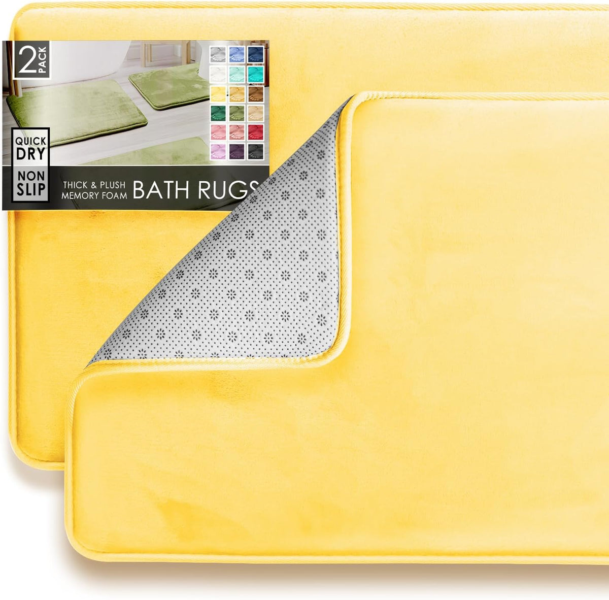 Two bright yellow rectangular bath mats flat-laid, one corner lifted to reveal the dotted non-slip underside and packaging