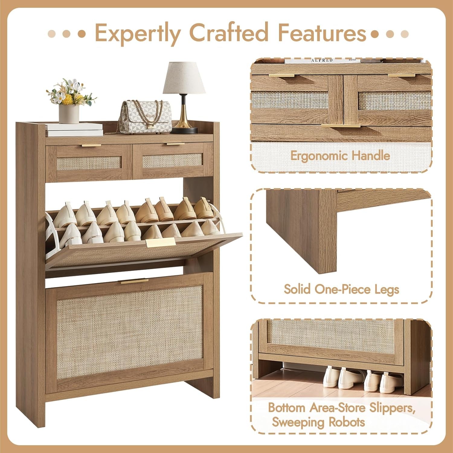 Feature collage highlighting ergonomic gold handles, solid one-piece legs, and bottom area for slippers or robot vacuums